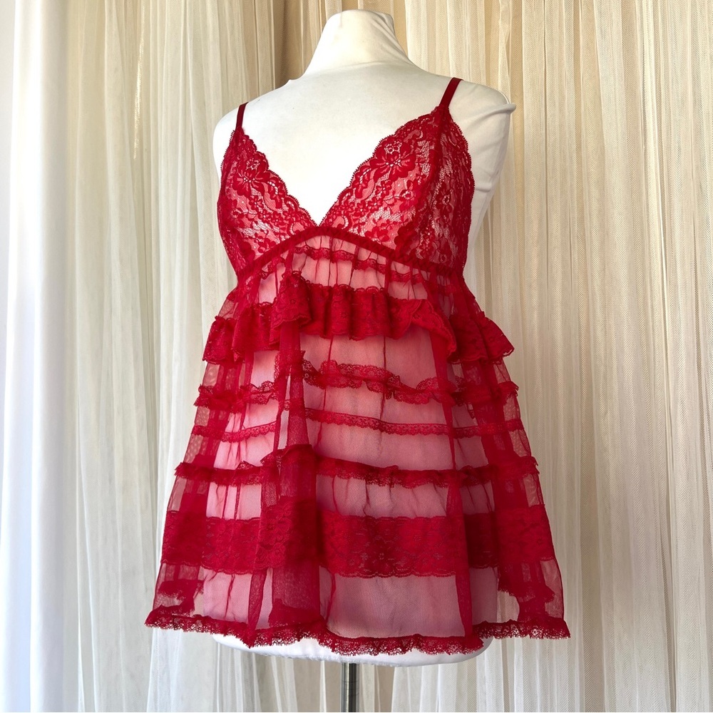 Victoria secret silver label sheer red ruffle lace babydoll mini slip size large
